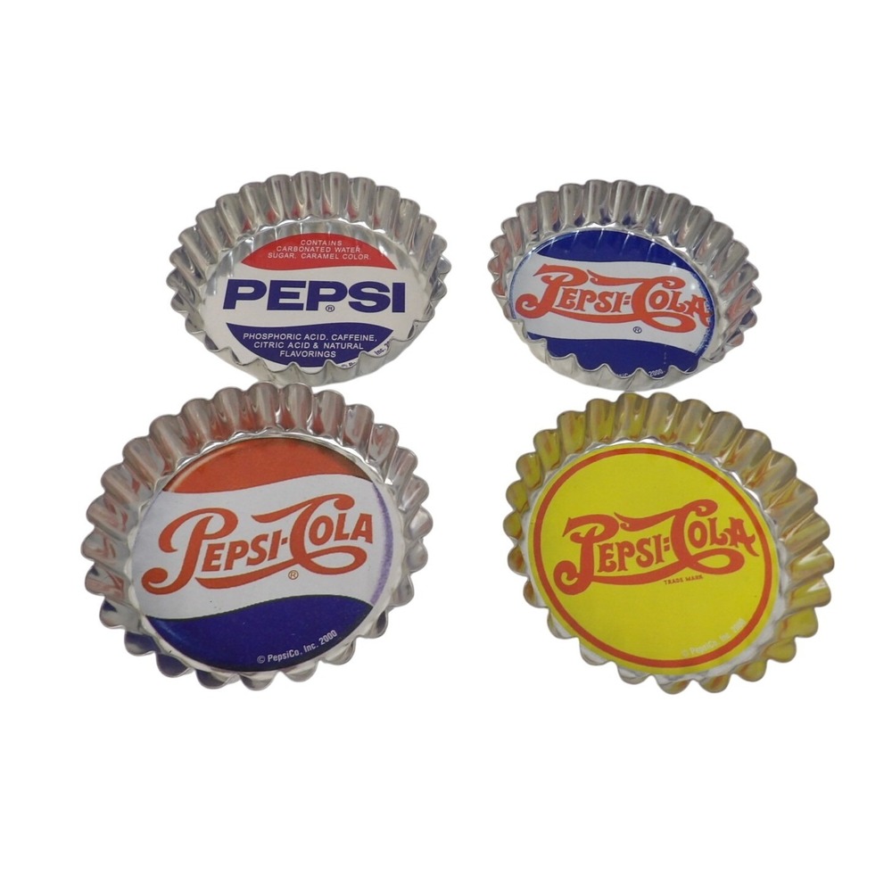 Vintage Pepsi-Cola Bottle Cap Coaster Set of 4 Silver Metal Felt Backed Retro